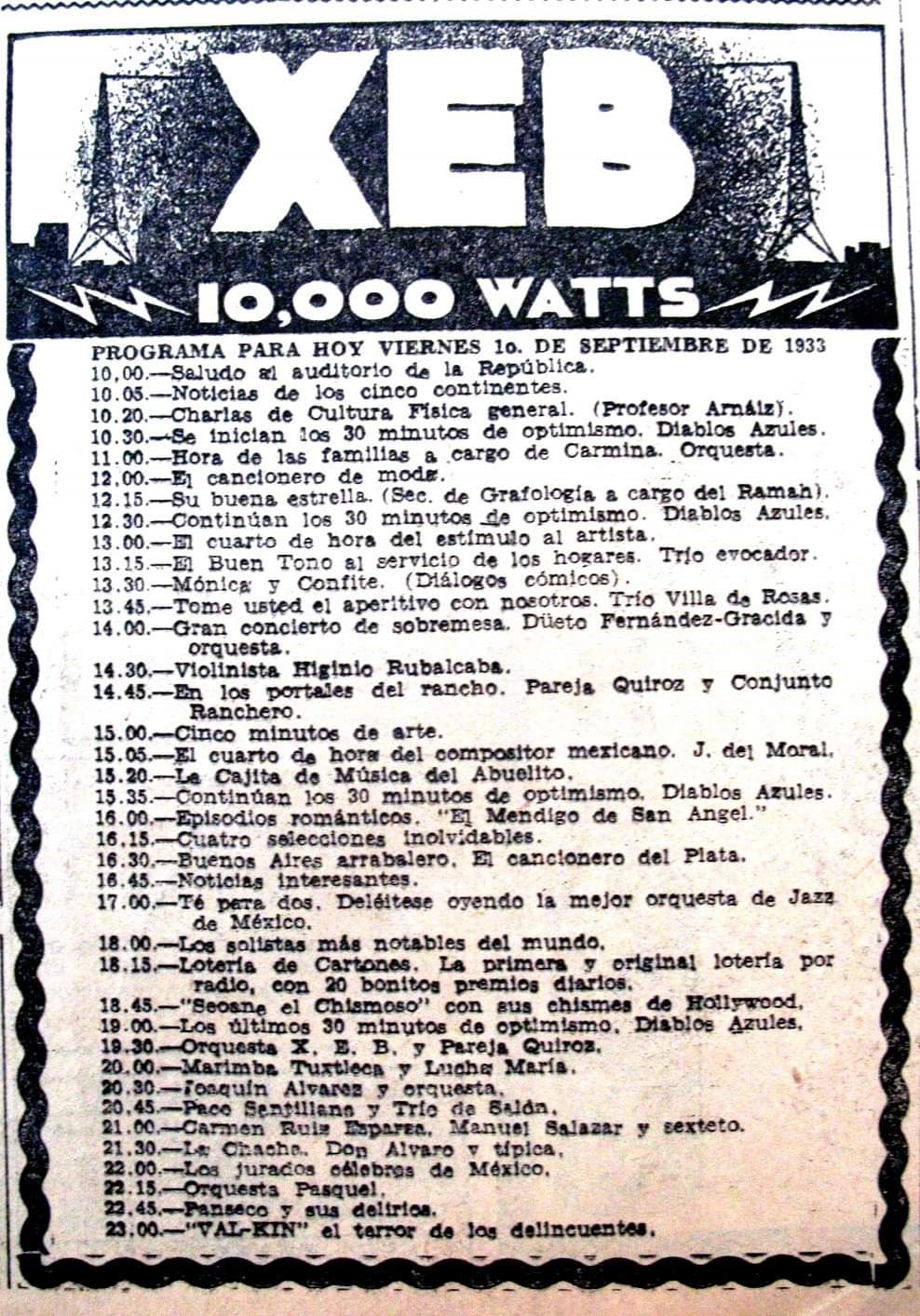PROGRAMACIÓN XEB SEPTIEMBRE 1933