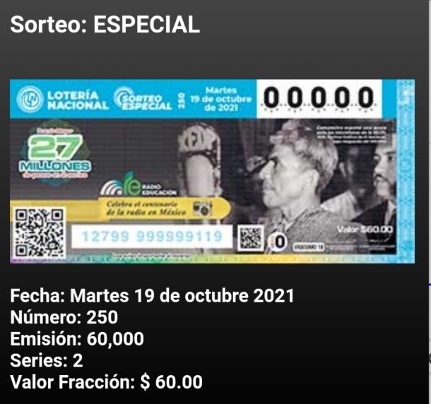 Sorteo Lotería Nacional Conmemorativa al Centenario de la Radio Mexicana