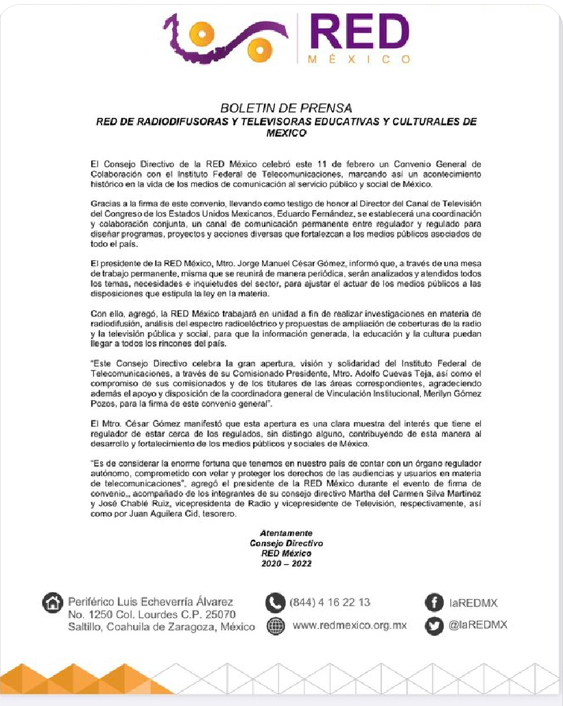Boletín de Prensa Red México 11 de febrero 2022