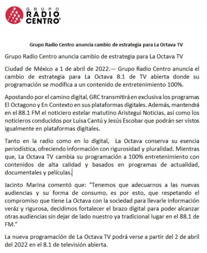 Comunicado Grupo Radio Centro