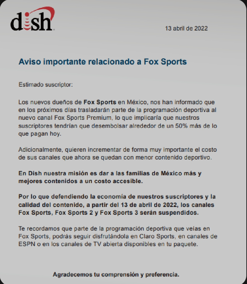 Dish aviso Fos Sports