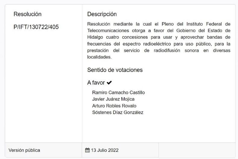 Resolución P/IFT/130722/405