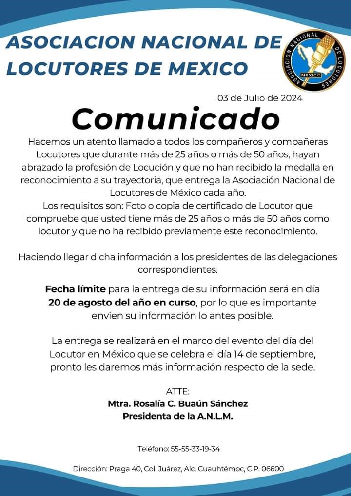 comunicado 3 de julio 2024 Asociación Nacional de Locutores de México