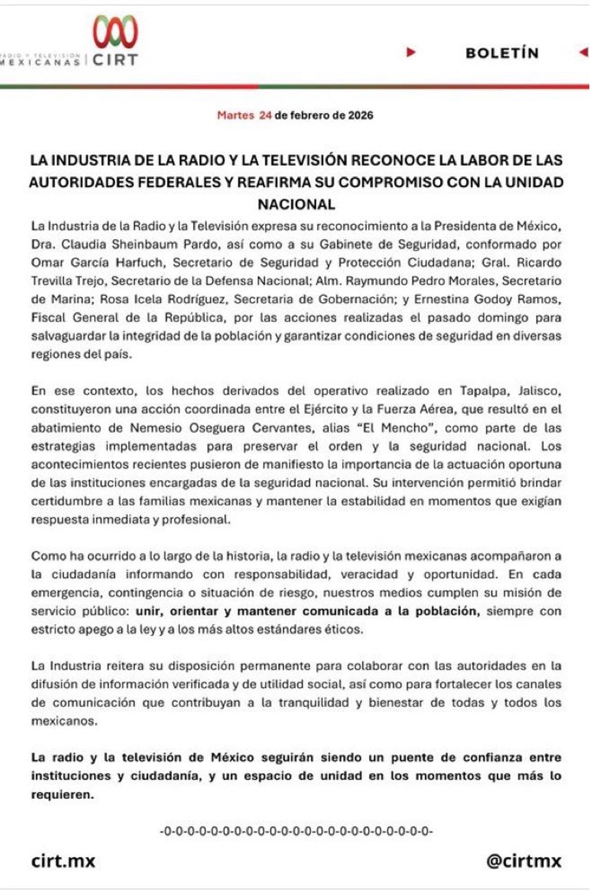 La industria de la Radio y la Televisión reconoce la labor de las autoridades federales y reafirma su compromiso con la unidad nacional.